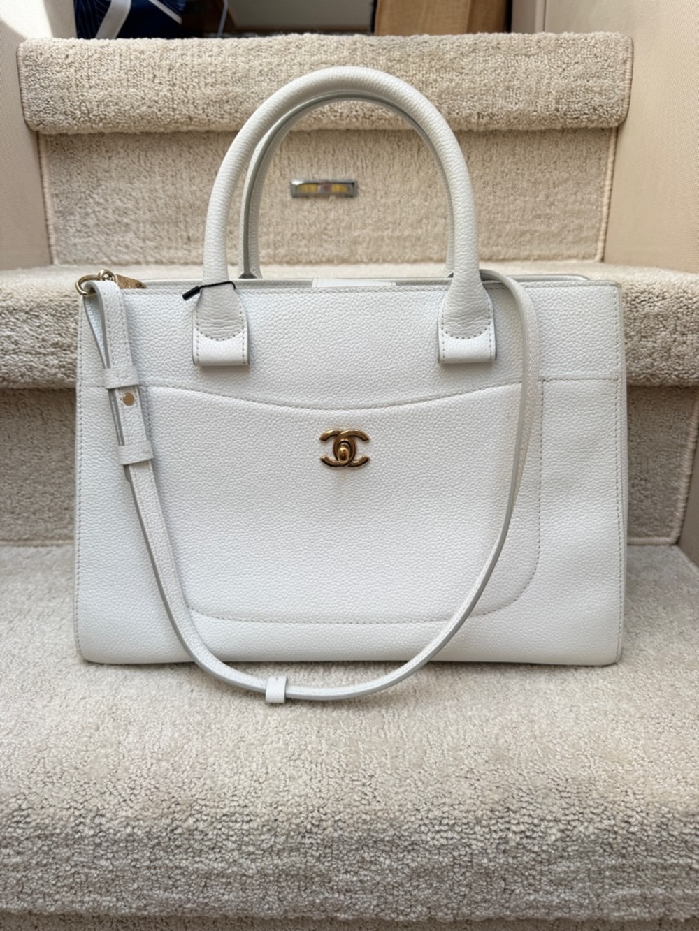 CHANEL Small Neo Executive Shopper Tote in White with champagne hardware